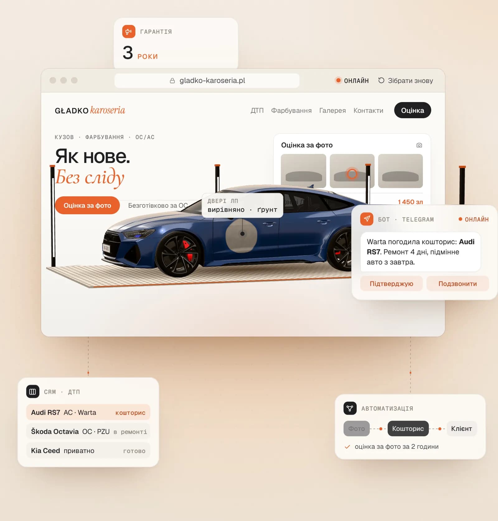 Макет сайту кузовного сервісу з оцінкою за фото, ботом у Telegram і CRM справ щодо ДТП