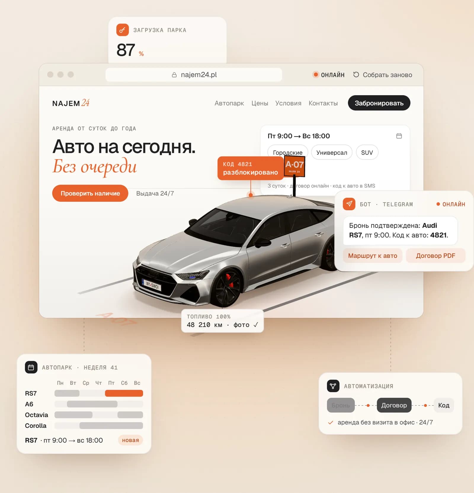 Макет сайта проката авто с бронью по датам, календарём парка и ботом в Telegram